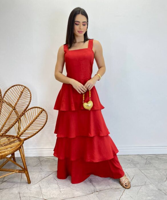 Vestido Feminino Longo Bianca em Camadas sem Bojo Vermelho - Fernanda Ramos Store