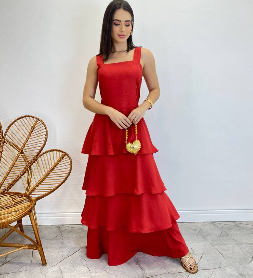 Vestido Feminino Longo Bianca em Camadas sem Bojo Vermelho - Fernanda Ramos Store