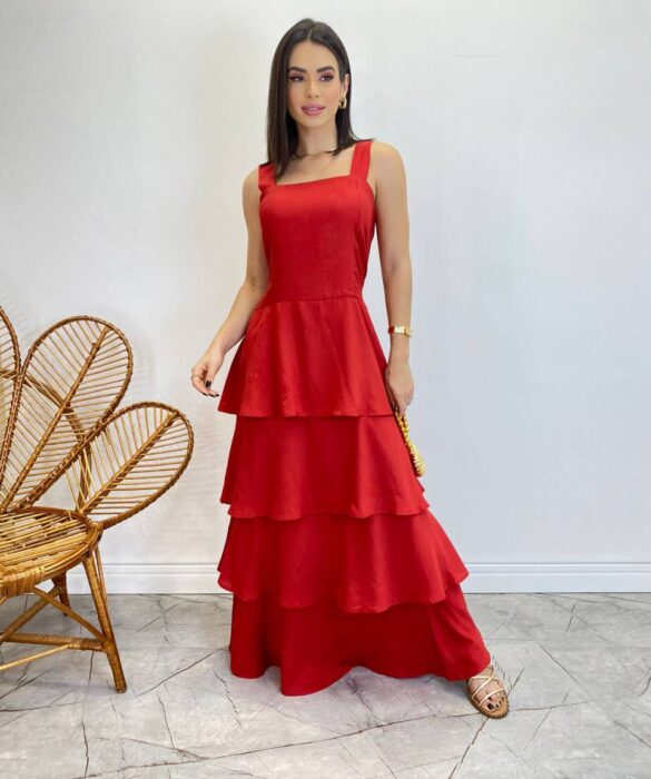 Vestido Feminino Longo Bianca em Camadas sem Bojo Vermelho - Fernanda Ramos Store