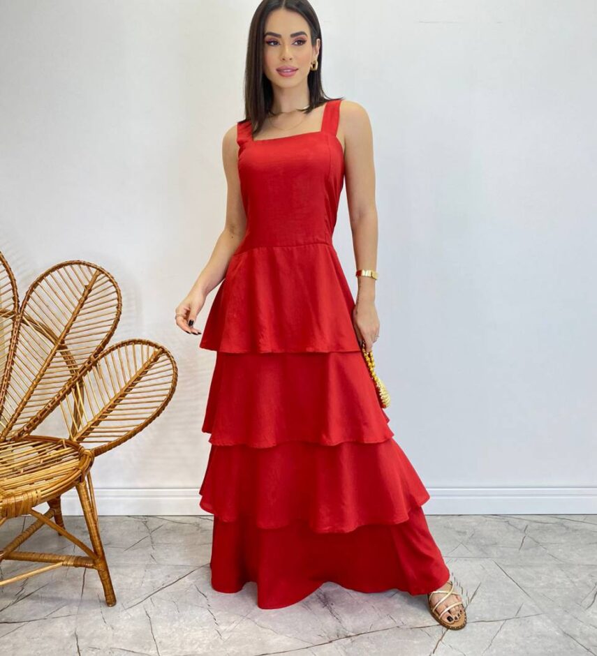 Vestido Feminino Longo Bianca em Camadas sem Bojo Vermelho - Fernanda Ramos Store