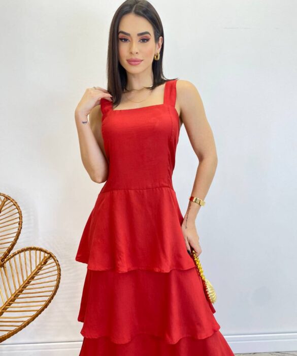 Vestido Feminino Longo Bianca em Camadas sem Bojo Vermelho - Fernanda Ramos Store