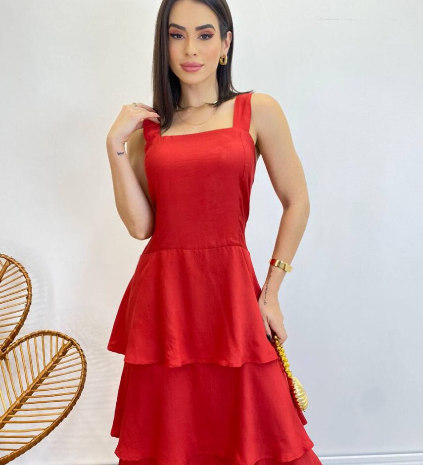 Vestido Feminino Longo Bianca em Camadas sem Bojo Vermelho - Fernanda Ramos Store