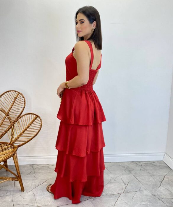 Vestido Feminino Longo Bianca em Camadas sem Bojo Vermelho - Fernanda Ramos Store