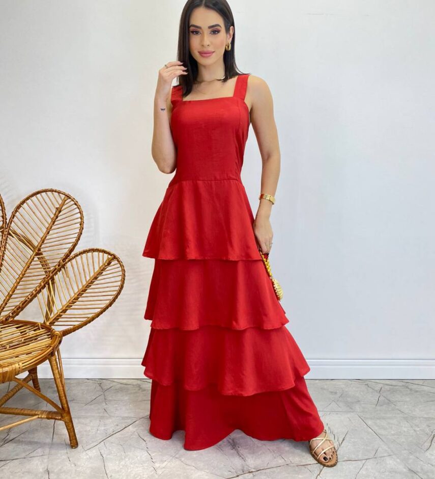 Vestido Feminino Longo Bianca em Camadas sem Bojo Vermelho - Fernanda Ramos Store