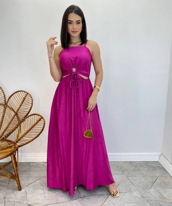 Vestido Longo Alícia sem Bojo com Abertura e Alça Regulável Fúcsia - Fernanda Ramos Store