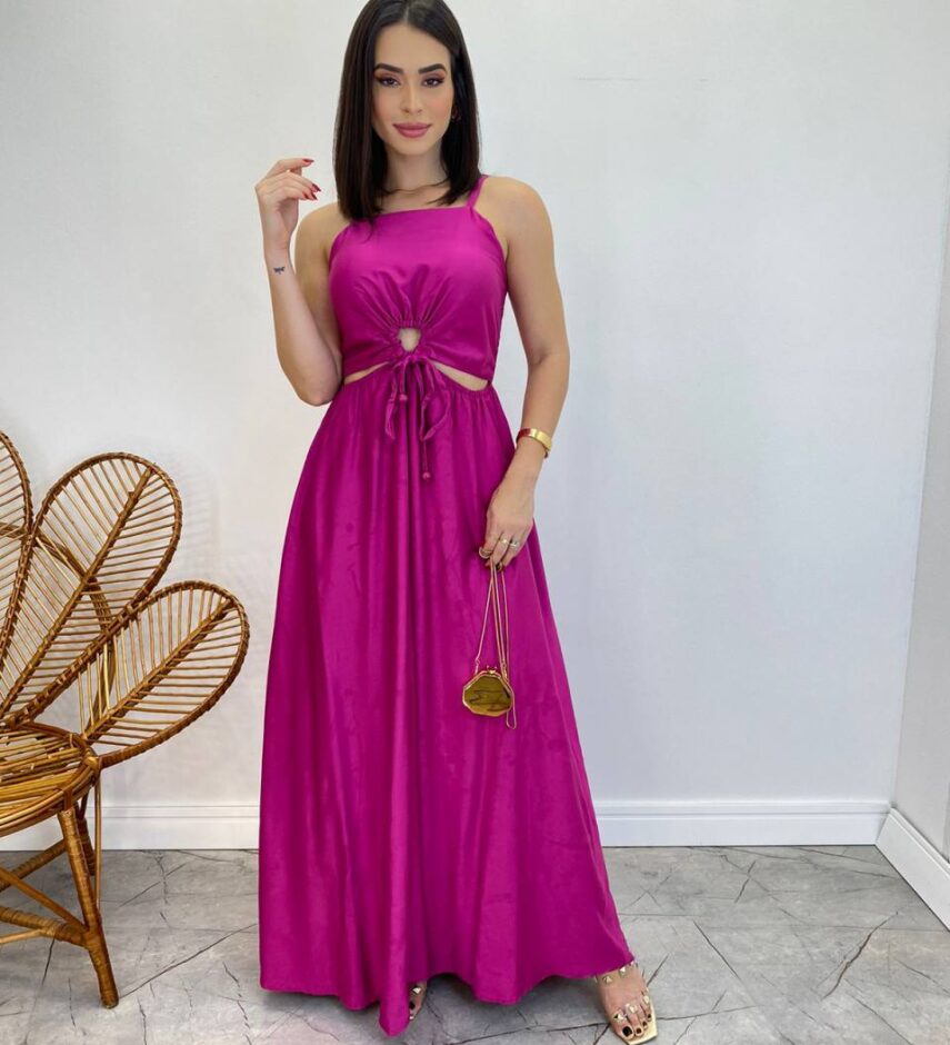 Vestido Longo Alícia sem Bojo com Abertura e Alça Regulável Fúcsia - Fernanda Ramos Store