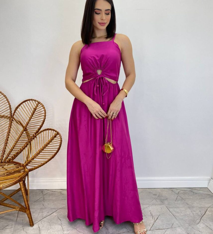 Vestido Longo Alícia sem Bojo com Abertura e Alça Regulável Fúcsia - Fernanda Ramos Store
