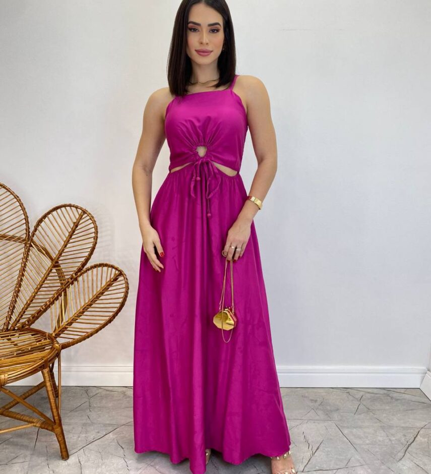 Vestido Longo Alícia sem Bojo com Abertura e Alça Regulável Fúcsia - Fernanda Ramos Store