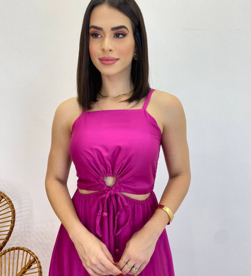 Vestido Longo Alícia sem Bojo com Abertura e Alça Regulável Fúcsia - Fernanda Ramos Store
