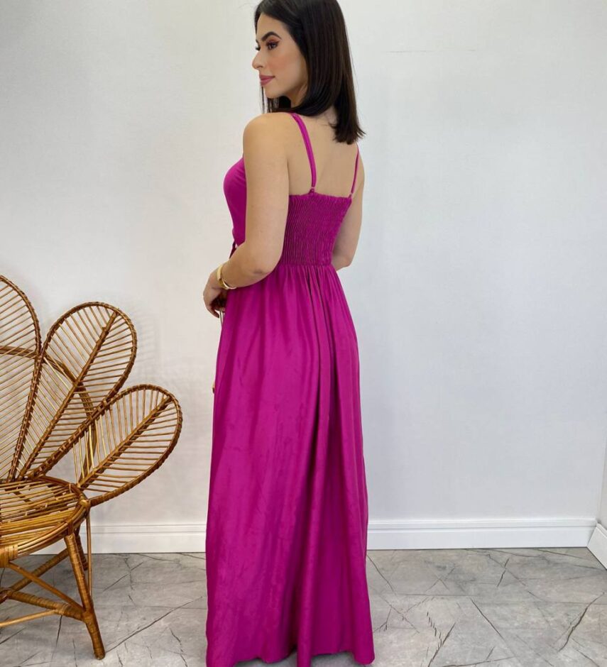 Vestido Longo Alícia sem Bojo com Abertura e Alça Regulável Fúcsia - Fernanda Ramos Store