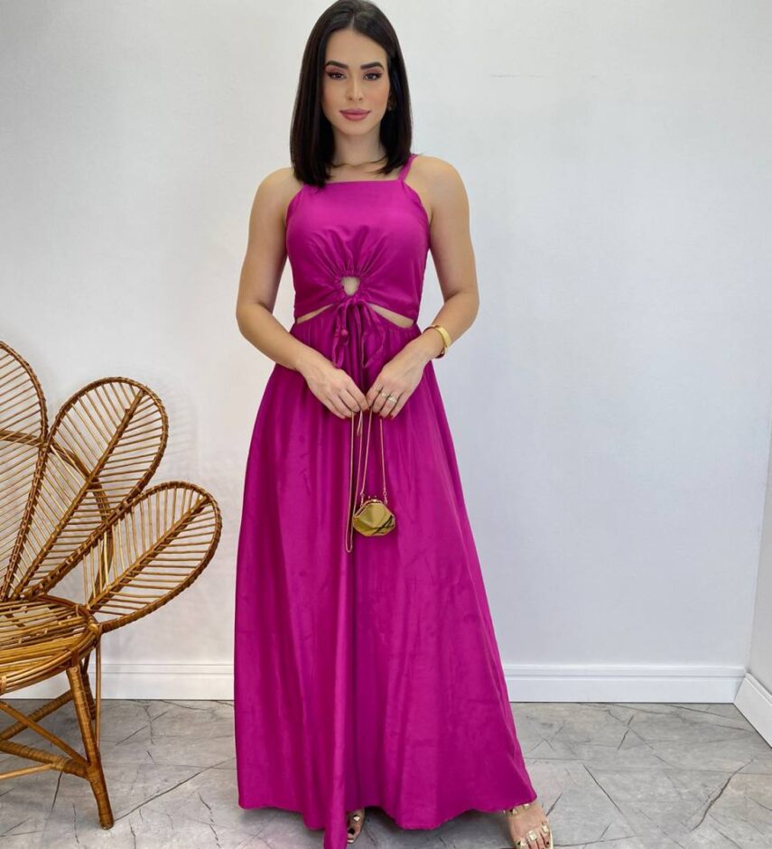Vestido Longo Alícia sem Bojo com Abertura e Alça Regulável Fúcsia - Fernanda Ramos Store