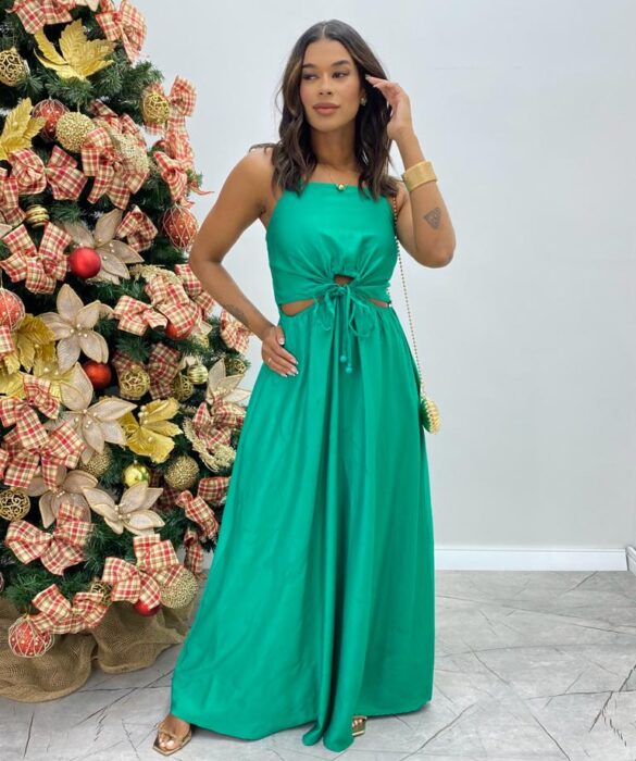 Vestido Longo Alícia sem Bojo com Abertura e Alça Regulável Verde - Fernanda Ramos Store