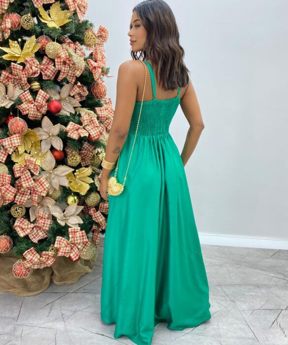 Vestido Longo Alícia sem Bojo com Abertura e Alça Regulável Verde - Fernanda Ramos Store