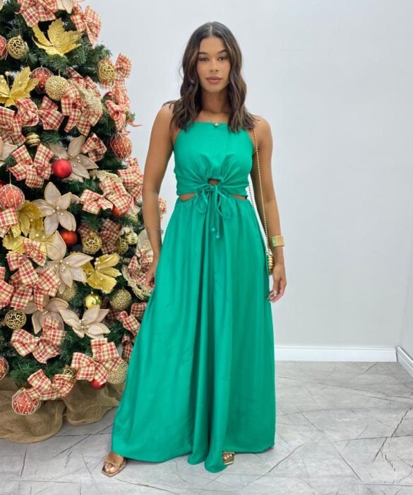 Vestido Longo Alícia sem Bojo com Abertura e Alça Regulável Verde - Fernanda Ramos Store