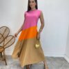 Vestido Longo Amplo Detalhe em Camadas Rosa, Laranja e Caramelo - Fernanda Ramos Store