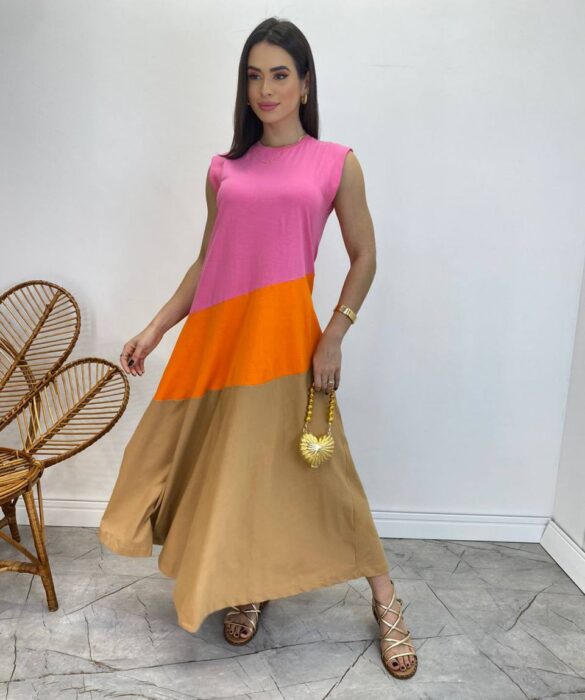 Vestido Longo Amplo Detalhe em Camadas Rosa, Laranja e Caramelo - Fernanda Ramos Store