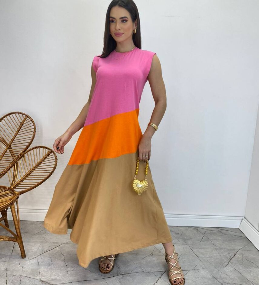 Vestido Longo Amplo Detalhe em Camadas Rosa, Laranja e Caramelo - Fernanda Ramos Store