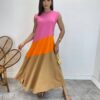 Vestido Longo Amplo Detalhe em Camadas Rosa, Laranja e Caramelo - Fernanda Ramos Store