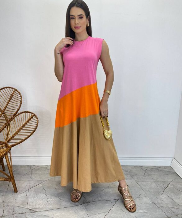 Vestido Longo Amplo Detalhe em Camadas Rosa, Laranja e Caramelo - Fernanda Ramos Store