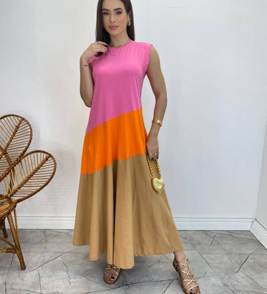 Vestido Longo Amplo Detalhe em Camadas Rosa, Laranja e Caramelo - Fernanda Ramos Store