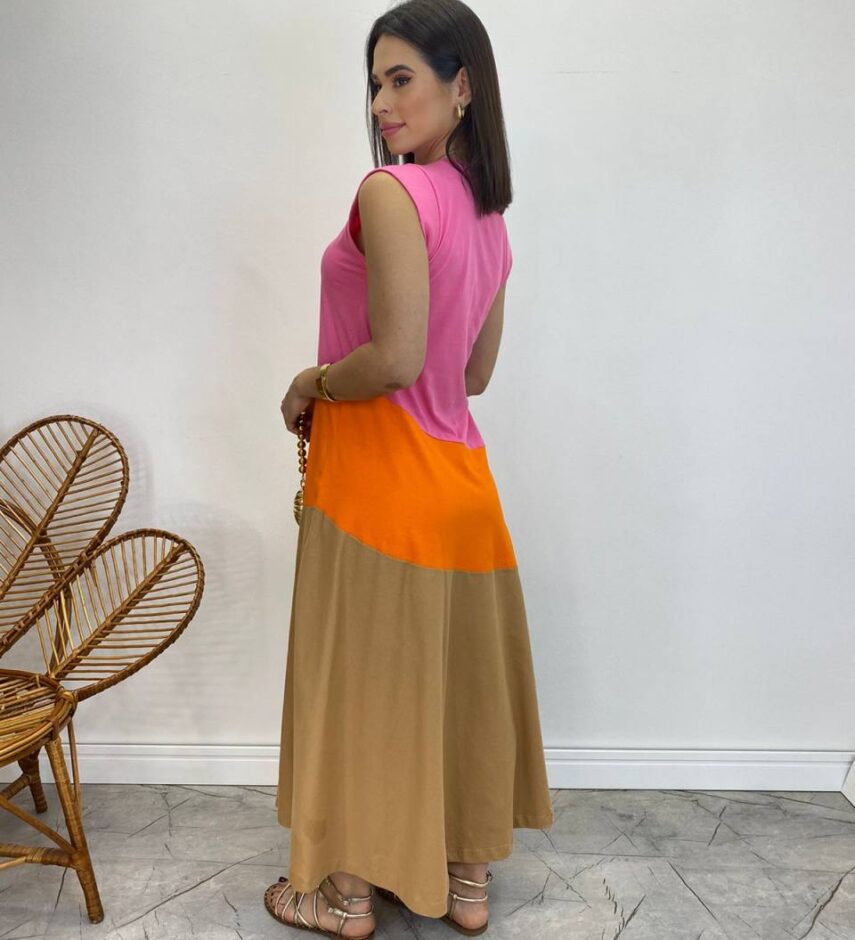 Vestido Longo Amplo Detalhe em Camadas Rosa, Laranja e Caramelo - Fernanda Ramos Store
