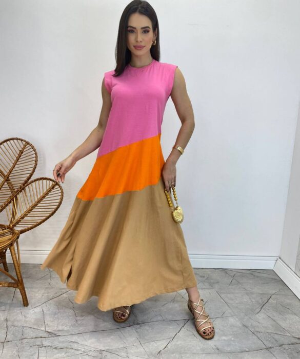 Vestido Longo Amplo Detalhe em Camadas Rosa, Laranja e Caramelo - Fernanda Ramos Store