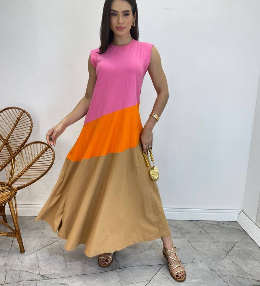Vestido Longo Amplo Detalhe em Camadas Rosa, Laranja e Caramelo - Fernanda Ramos Store