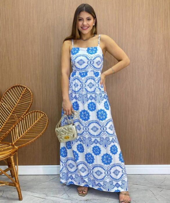 Vestido Longo Ana sem Bojo Alça Regulável Branco Estampado - Fernanda Ramos Store