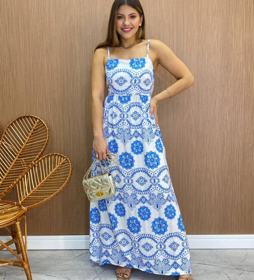 Vestido Longo Ana sem Bojo Alça Regulável Branco Estampado - Fernanda Ramos Store