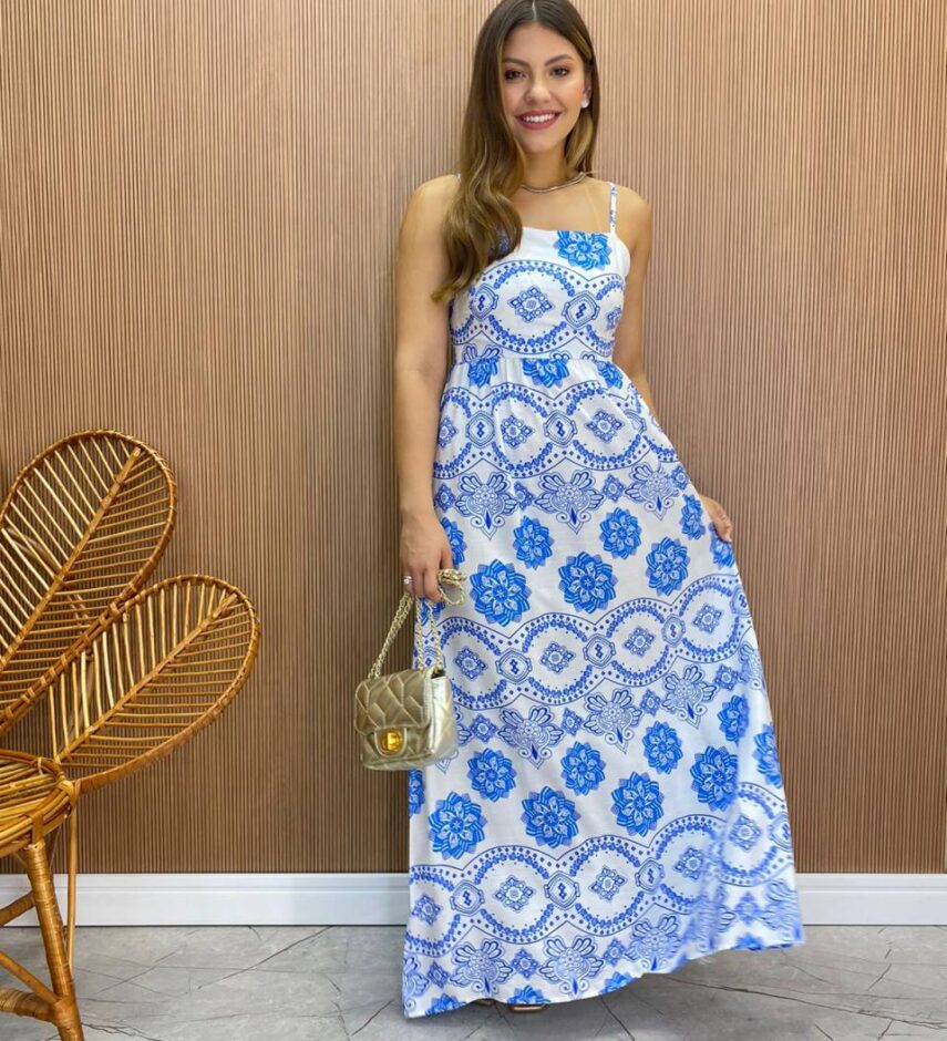 Vestido Longo Ana sem Bojo Alça Regulável Branco Estampado - Fernanda Ramos Store