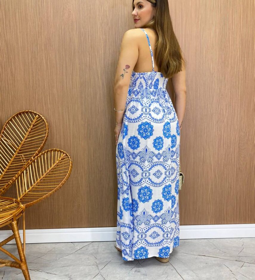 Vestido Longo Ana sem Bojo Alça Regulável Branco Estampado - Fernanda Ramos Store