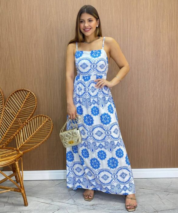 Vestido Longo Ana sem Bojo Alça Regulável Branco Estampado - Fernanda Ramos Store