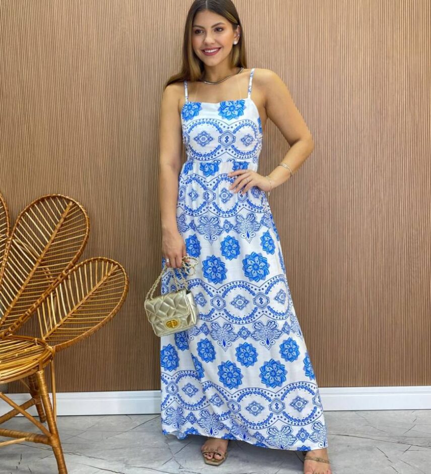 Vestido Longo Ana sem Bojo Alça Regulável Branco Estampado - Fernanda Ramos Store