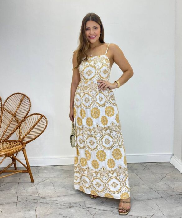 Vestido Longo Ana sem Bojo Alça Regulável Off White Estampado - Fernanda Ramos Store