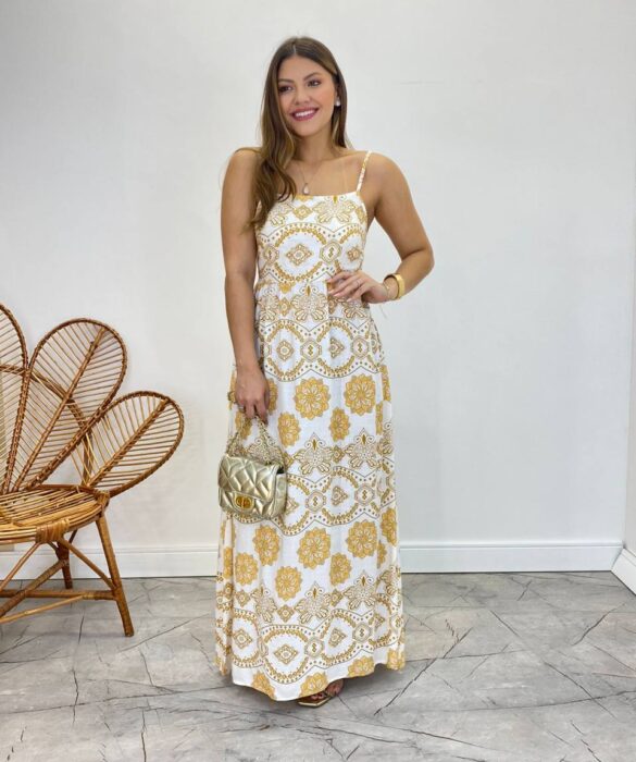 Vestido Longo Ana sem Bojo Alça Regulável Off White Estampado - Fernanda Ramos Store