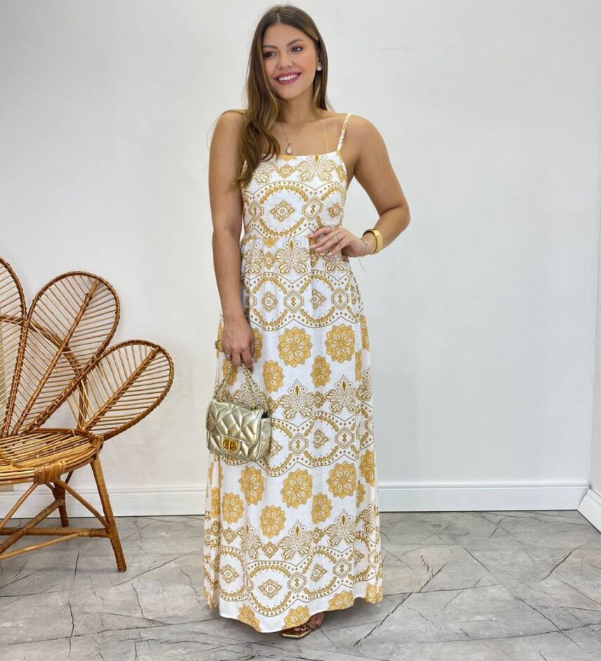 Vestido Longo Ana sem Bojo Alça Regulável Off White Estampado - Fernanda Ramos Store