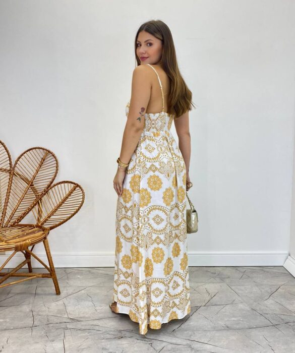 Vestido Longo Ana sem Bojo Alça Regulável Off White Estampado - Fernanda Ramos Store