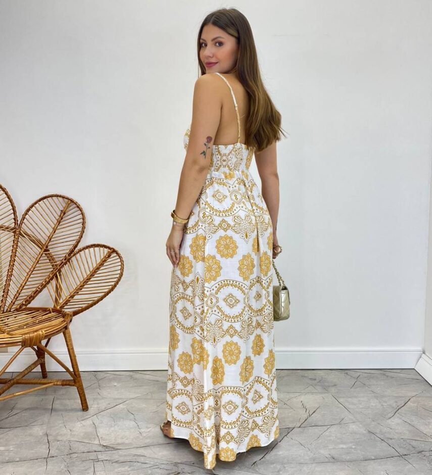 Vestido Longo Ana sem Bojo Alça Regulável Off White Estampado - Fernanda Ramos Store