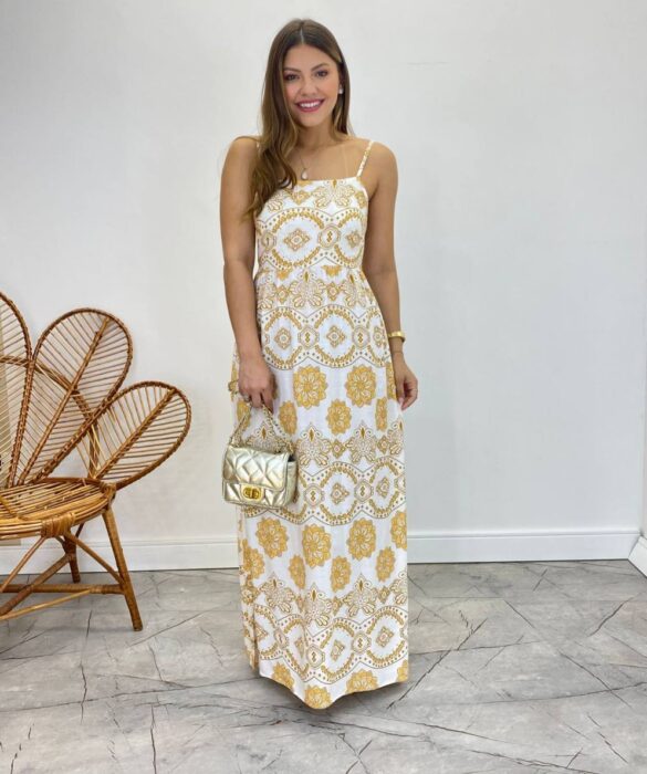 Vestido Longo Ana sem Bojo Alça Regulável Off White Estampado - Fernanda Ramos Store