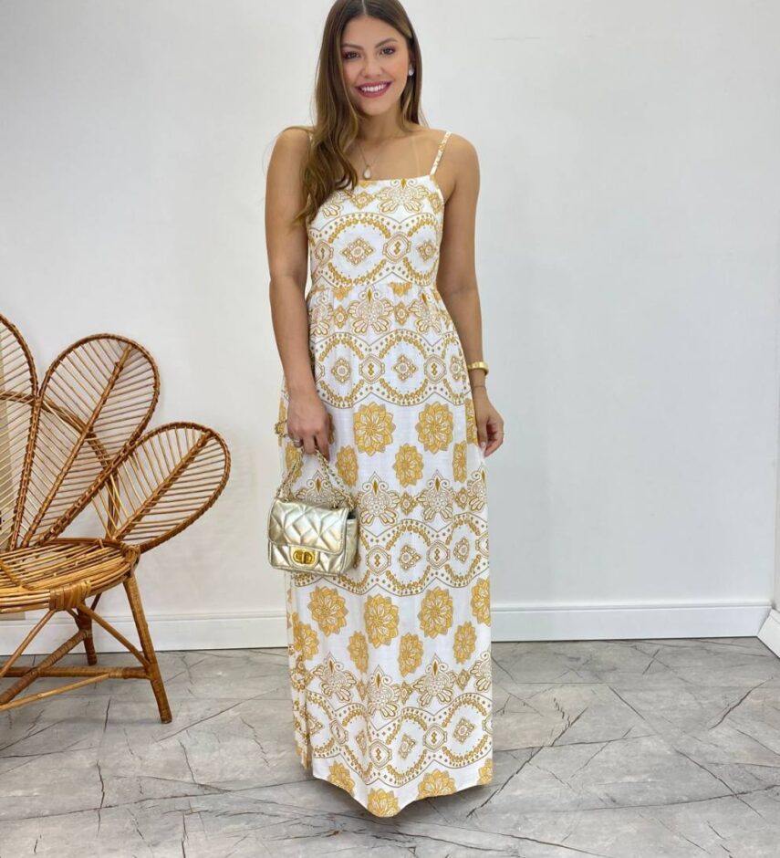 Vestido Longo Ana sem Bojo Alça Regulável Off White Estampado - Fernanda Ramos Store