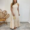 Vestido Longo Antonella com Bojo Nula Manga Listrado Bege - Fernanda Ramos Store