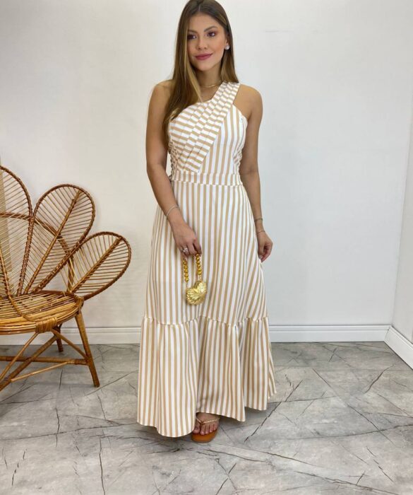 Vestido Longo Antonella com Bojo Nula Manga Listrado Bege - Fernanda Ramos Store