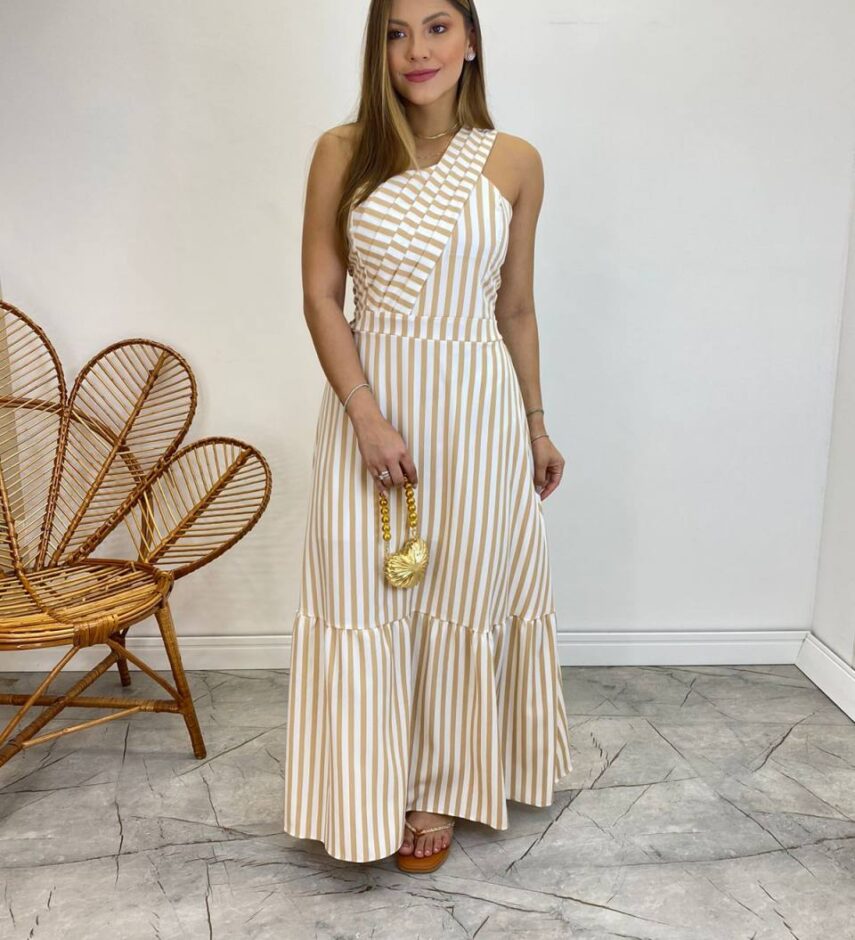 Vestido Longo Antonella com Bojo Nula Manga Listrado Bege - Fernanda Ramos Store