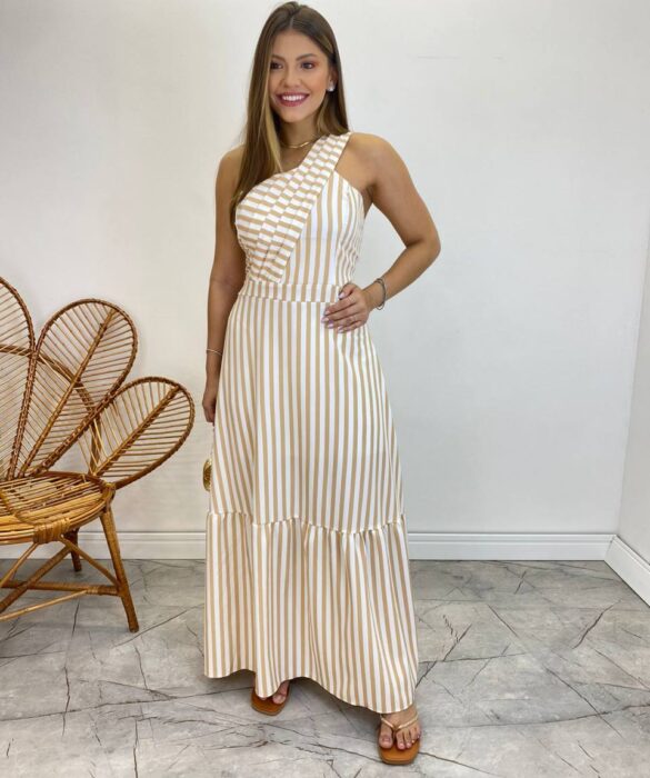 Vestido Longo Antonella com Bojo Nula Manga Listrado Bege - Fernanda Ramos Store