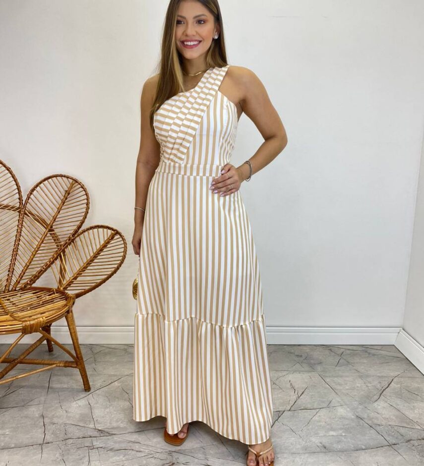 Vestido Longo Antonella com Bojo Nula Manga Listrado Bege - Fernanda Ramos Store