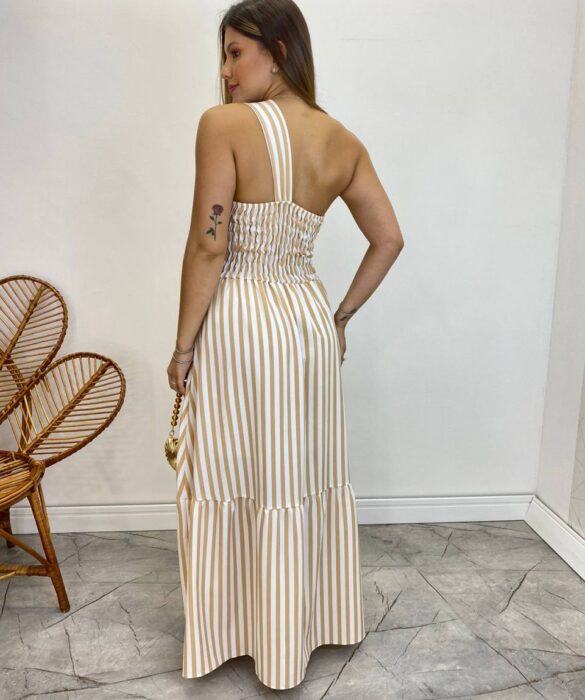 Vestido Longo Antonella com Bojo Nula Manga Listrado Bege - Fernanda Ramos Store