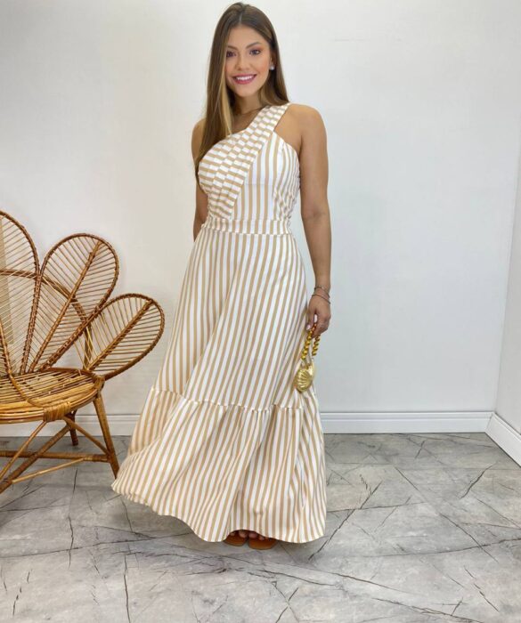 Vestido Longo Antonella com Bojo Nula Manga Listrado Bege - Fernanda Ramos Store