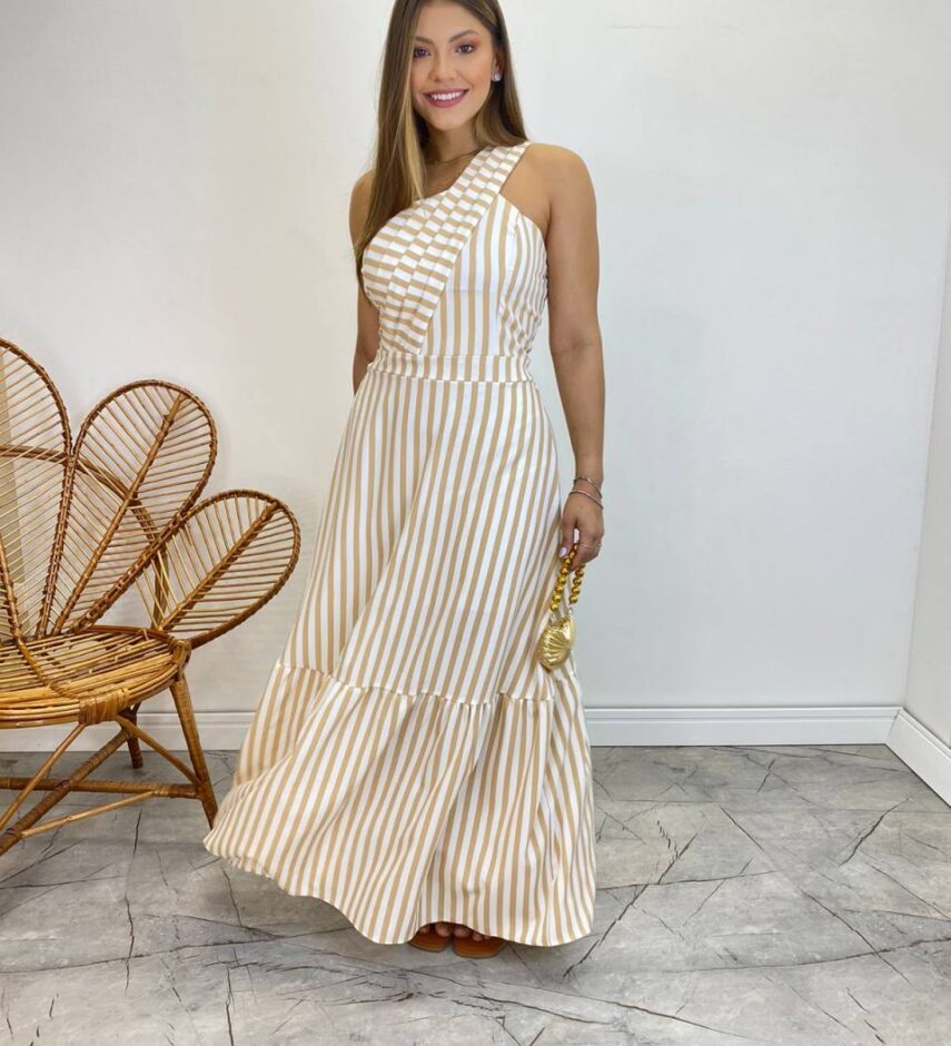 Vestido Longo Antonella com Bojo Nula Manga Listrado Bege - Fernanda Ramos Store