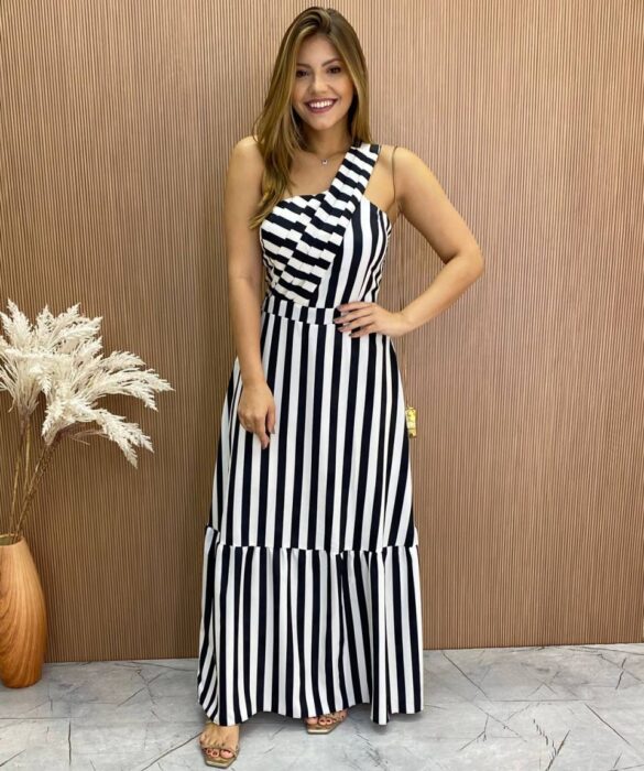 Vestido Longo Antonella com Bojo Nula Manga Listrado Preto - Fernanda Ramos Store