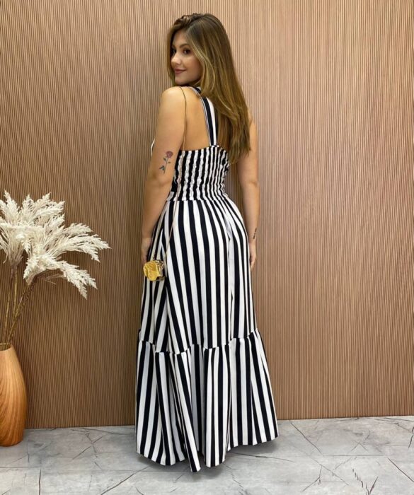 Vestido Longo Antonella com Bojo Nula Manga Listrado Preto - Fernanda Ramos Store